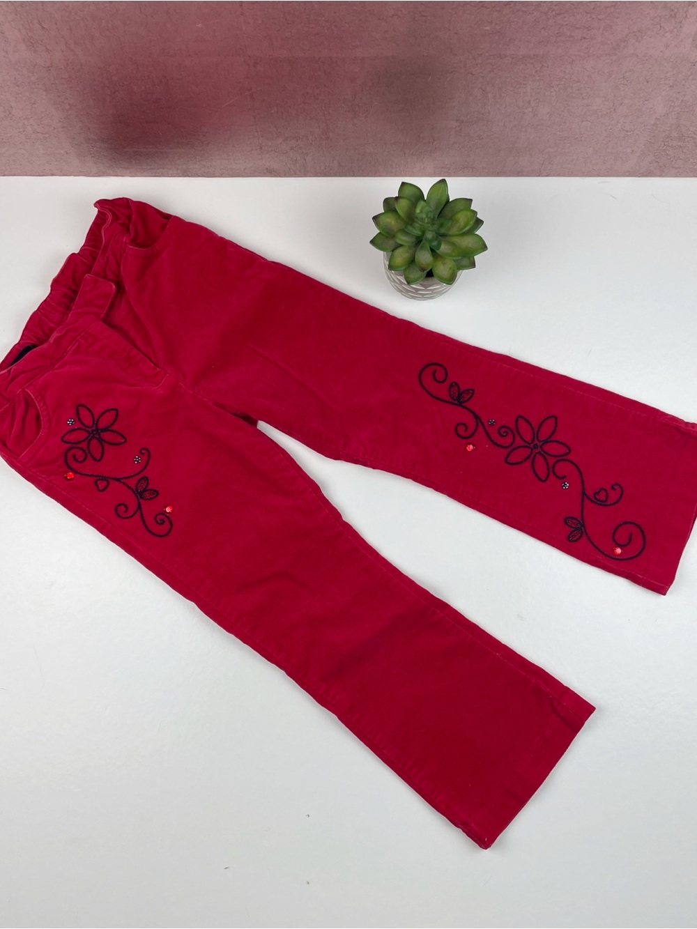 Kc Parker Red Velvet Black Beaded Floral Pants Girl Size 6